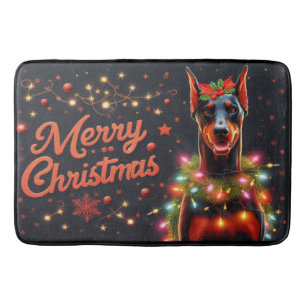 Merry Christmas Doberman Dog Twinkling Xmas Lights Bath Mat