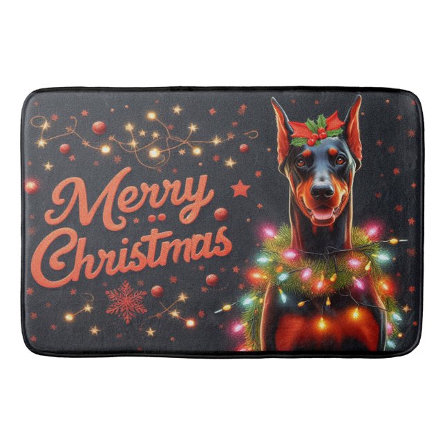 Merry Christmas Doberman Dog Twinkling Xmas Lights Bath Mat (Front)