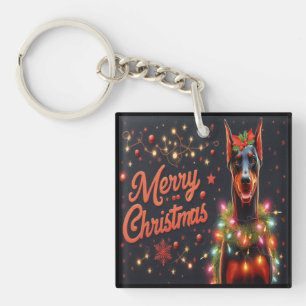 Merry Christmas Doberman Dog Twinkling Xmas Lights Key Ring