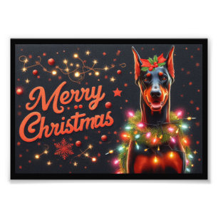 Merry Christmas Doberman Dog Twinkling Xmas Lights Photo Print
