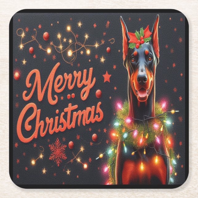 Merry Christmas Doberman Dog Twinkling Xmas Lights Square Paper Coaster (Front)