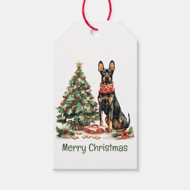 Merry Christmas Dobermann Dogs Gift Tags (Front)