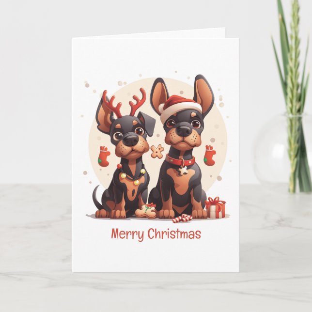 Merry Christmas Dobermann Dogs Holiday Card (Front)