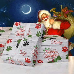 Merry Christmas Dog add Name Bone & Pawprints Wrap Wrapping Paper