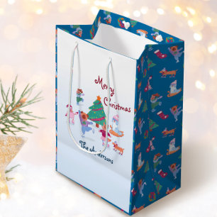Merry Christmas Dog Ice Skating Name Blue Medium Gift Bag