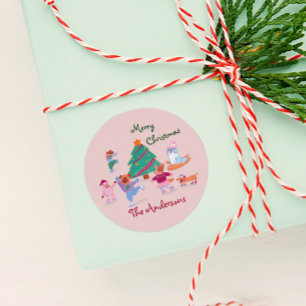 Merry Christmas Dog Ice Skating Name Blush Pink  Classic Round Sticker