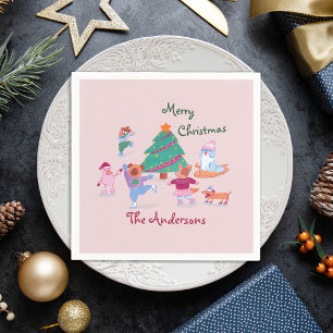 Merry Christmas Dog Ice Skating Name Blush Pink Napkin