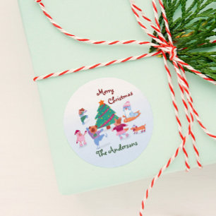 Merry Christmas Dog Ice Skating Name Ice Blue Gift Classic Round Sticker