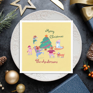 Merry Christmas Dog Ice Skating Name Pastel Yellow Napkin