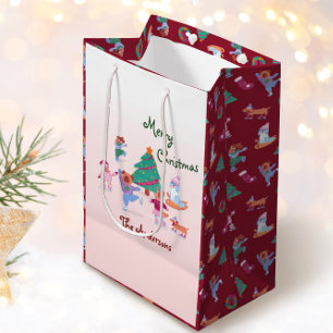 Merry Christmas Dog Ice Skating Name Pink Red Medium Gift Bag