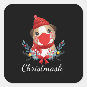 Merry Christmas Dog Lover Bulldog Wearing Mask Square Sticker