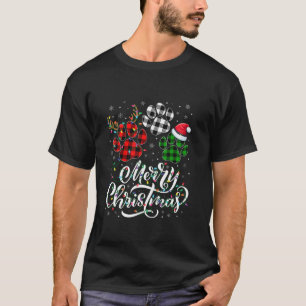 Merry Christmas Dog Paw Buffalo Plaid Xmas Lights T-Shirt
