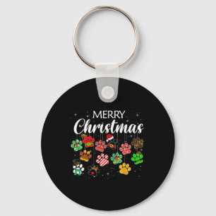 Merry Christmas Dog Paw Print Buffalo Plaid Ugly X Key Ring