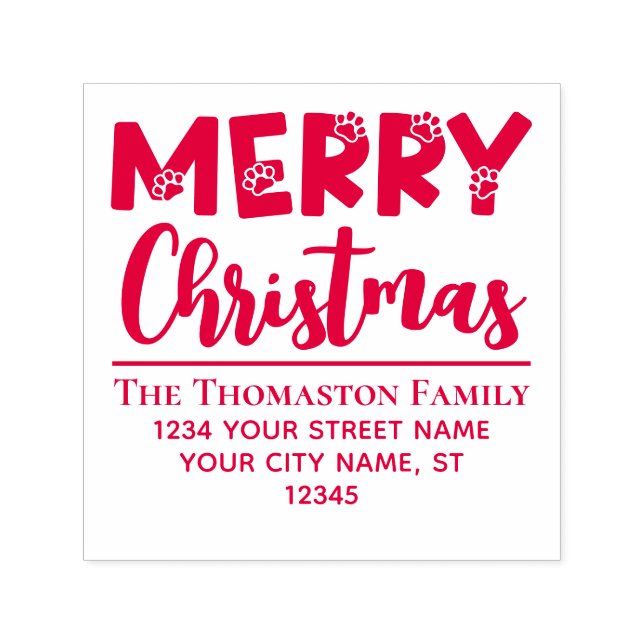Merry Christmas, Dog Paw Prints #2 Name Address Self-inking Stamp (Design)