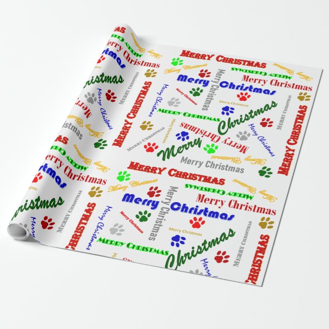 Merry Christmas & Dog Paw Wrapping Paper (Unrolled)