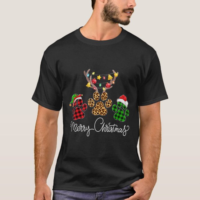 Merry Christmas Dog Paws Lights Buffalo Plaid And  T-Shirt (Front)