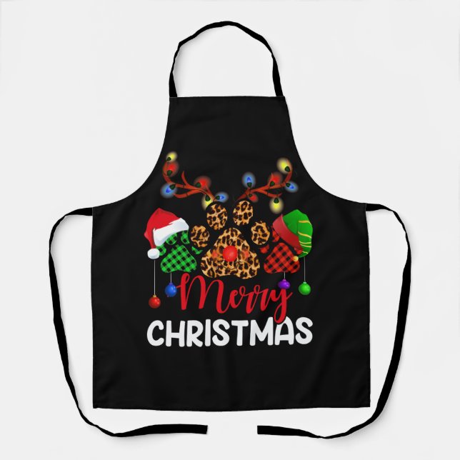 Merry Christmas Dog Paws Lights Buffalo Plaid Leop Apron (Front)