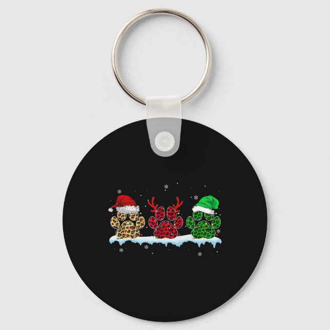 Merry Christmas Dog Paws Santa Hat Lights Leopard  Key Ring (Front)