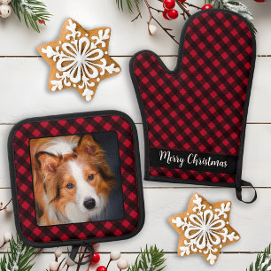 Merry Christmas Dog Photo Personalised Red Plaid Oven Mitt & Pot Holder Set