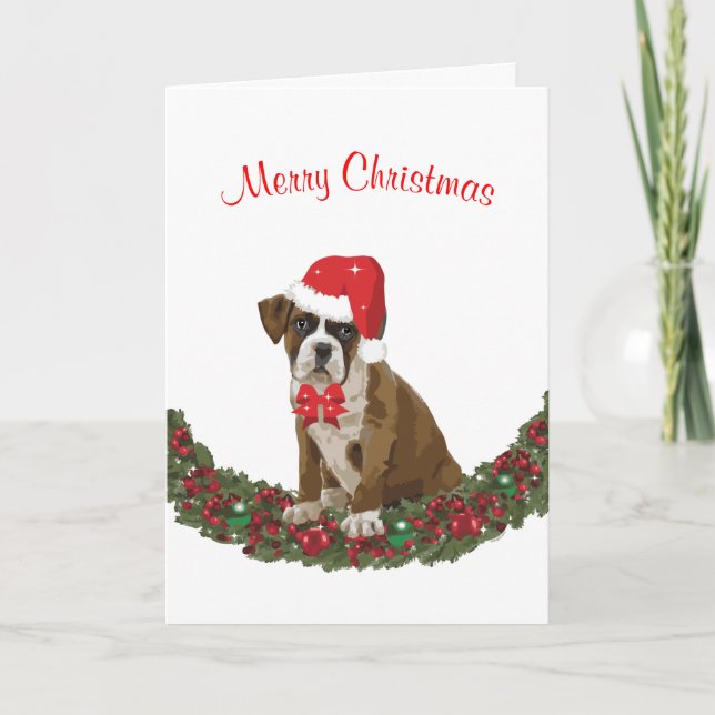 Merry Christmas Dog Puppy Plaid Santa Hat Holiday Card (Front)