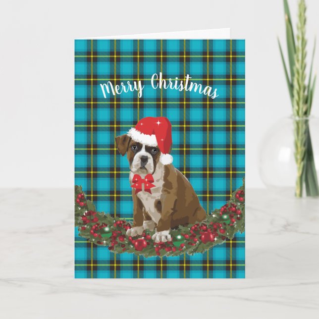 Merry Christmas Dog Puppy Plaid Santa Hat Holiday Card (Front)