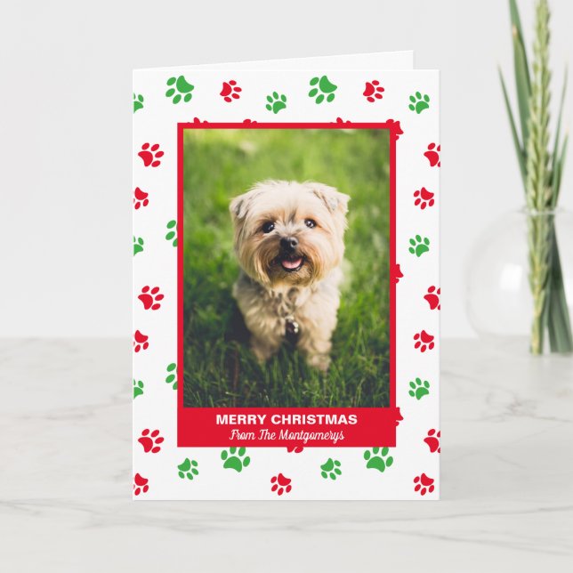 Merry Christmas Dog Red Green Paw Prints Pet Photo Holiday Card (Front)