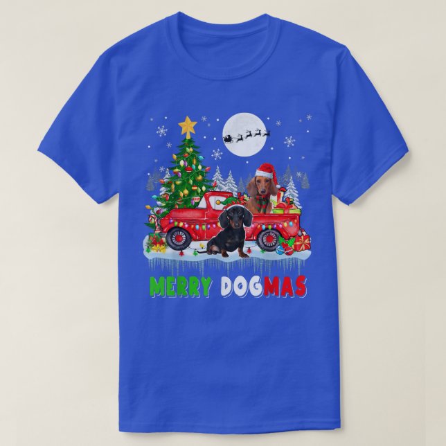 Merry Christmas Dog Santa Elf Dachshunds On Pickup T-Shirt (Design Front)