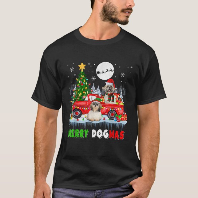 Merry Christmas Dog Santa Elf Shih Tzus On Pickup  T-Shirt (Front)