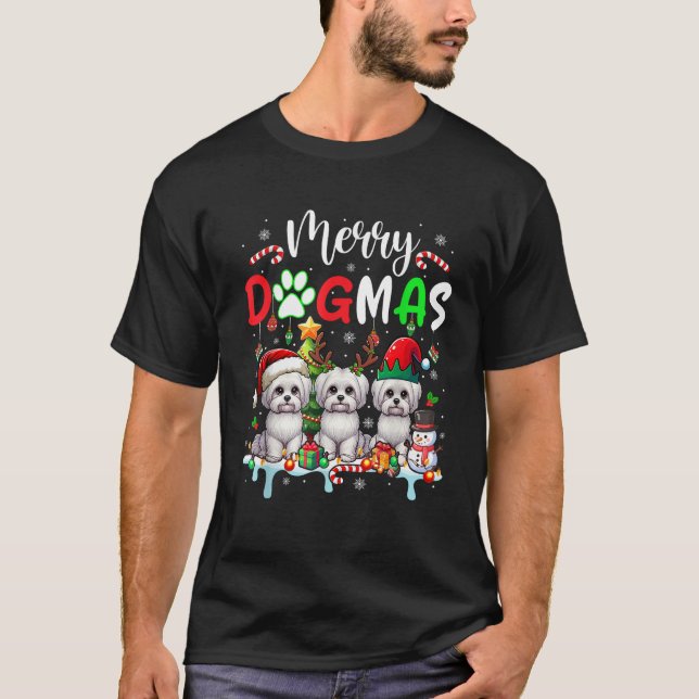 Merry Christmas Dog Three Santa Reindeer Maltese L T-Shirt (Front)