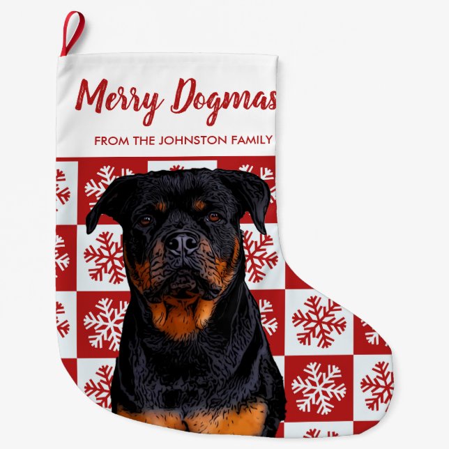 Merry Christmas Dogmas Rottweiler Festive Red Dog Large Christmas Stocking (Front)