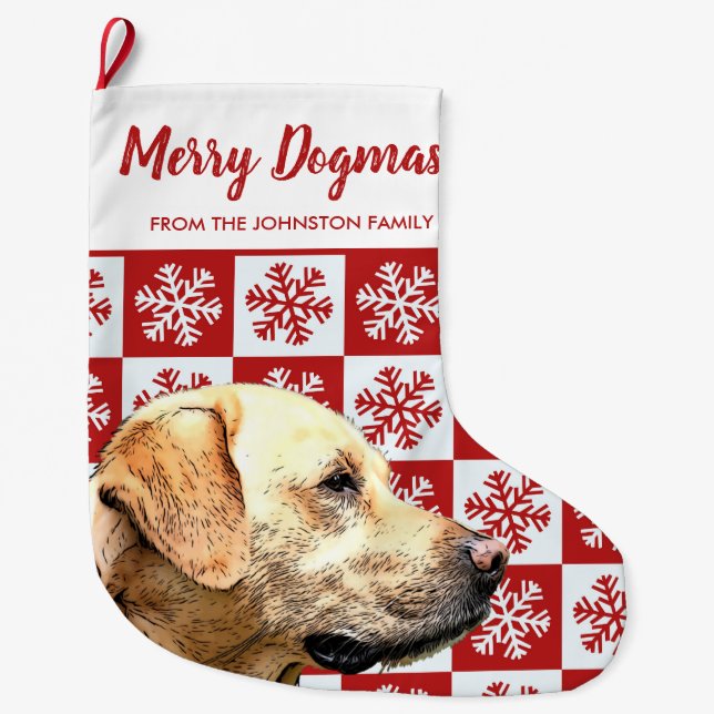 Merry Christmas Dogmas Yellow Lab Festive Red Dog Large Christmas Stocking (Front)