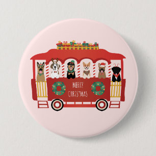 Merry Christmas Dogs Holiday Trolly 7.5 Cm Round Badge