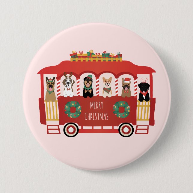 Merry Christmas Dogs Holiday Trolly 7.5 Cm Round Badge (Front)