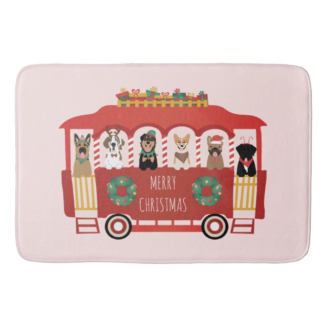 Merry Christmas Dogs Holiday Trolly Bath Mat (Front)