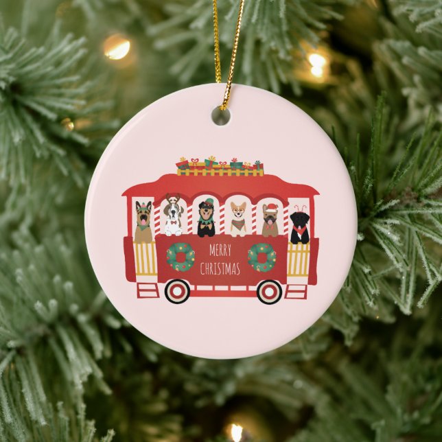 Merry Christmas Dogs Holiday Trolly Ceramic Tree Decoration (Tree)