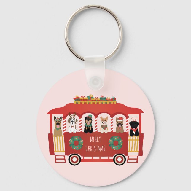 Merry Christmas Dogs Holiday Trolly Key Ring (Front)