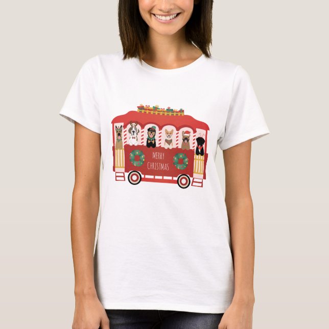 Merry Christmas Dogs Holiday Trolly T-Shirt (Front)