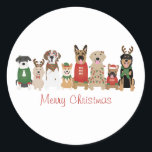 Merry Christmas Dogs Red Green Classic Round Sticker<br><div class="desc">Cute illustration of dogs dressed in Christmas attire.</div>