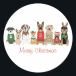 Merry Christmas Dogs Red Green Classic Round Sticker<br><div class="desc">Cute illustration of dogs dressed in Christmas attire.</div>