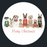 Merry Christmas Dogs Red Green Classic Round Sticker<br><div class="desc">Cute illustration of dogs dressed in Christmas attire.</div>