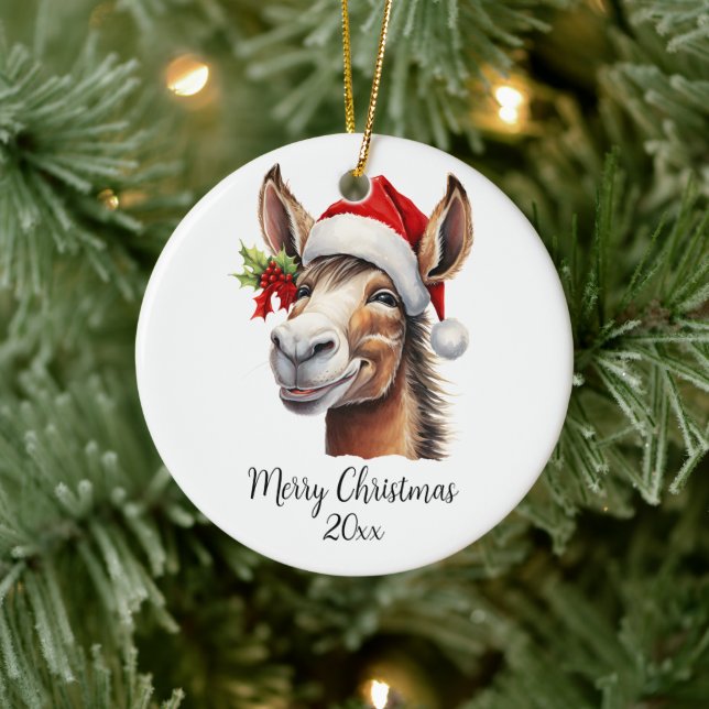 Merry Christmas Donkey in Santa Hat Holly Custom Ceramic Tree Decoration (Tree)