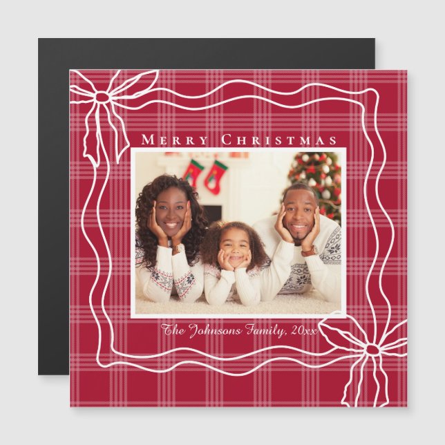 merry christmas doodle bow photo red plaid magnet (Front/Back)