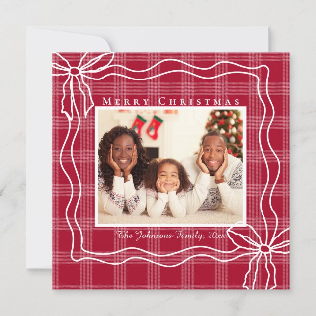 merry christmas doodle bow photo white red plaid  holiday card (Front)