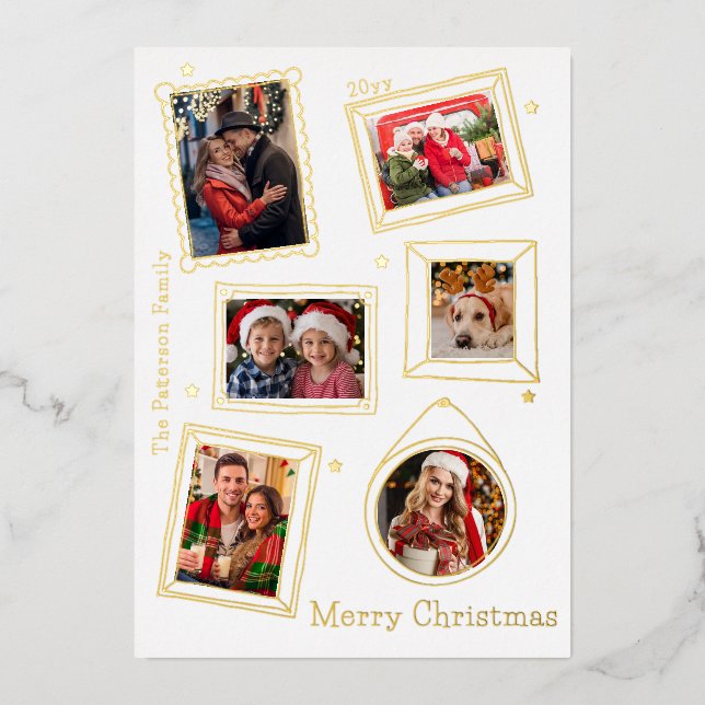 Merry Christmas Doodle Frame Multi Photo Foil Holiday Card (Front)