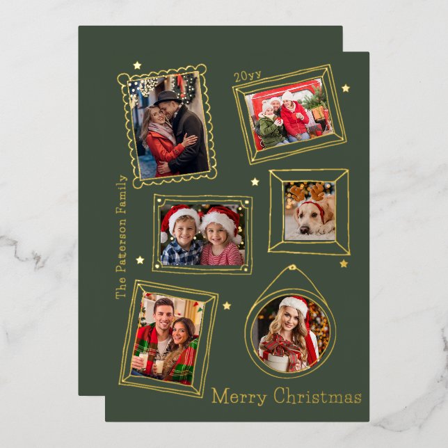Merry Christmas Doodle Frame Multi Photo Foil Holiday Card (Front/Back)