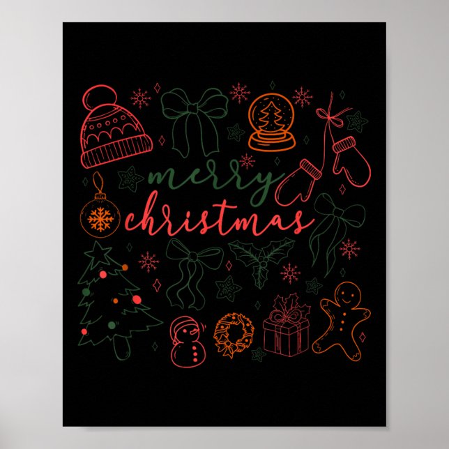 Merry Christmas Doodle Xmas Tree Gingerbread Men W Poster (Front)