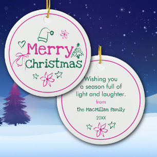 Merry Christmas Doodles Pink & Green Personalised Ceramic Tree Decoration
