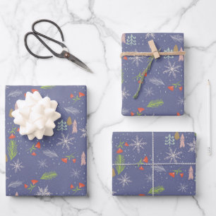 Merry Christmas Drawing Trees Snowflakes Flowers Wrapping Paper Sheet