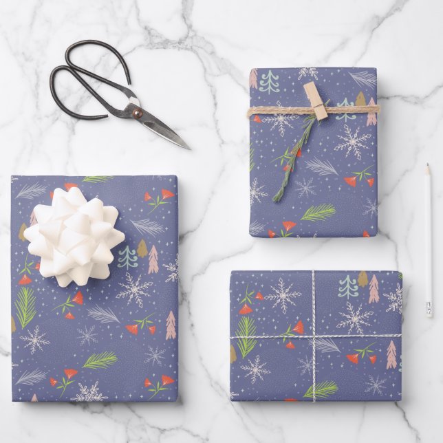 Merry Christmas Drawing Trees Snowflakes Flowers Wrapping Paper Sheet (Front)