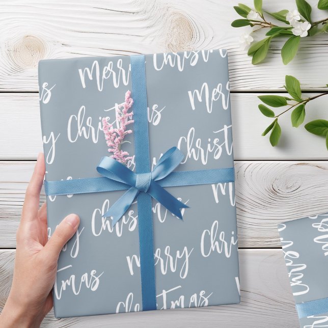 Merry Christmas Dusty Blue Elegant Script Pattern Wrapping Paper (Creator Uploaded)